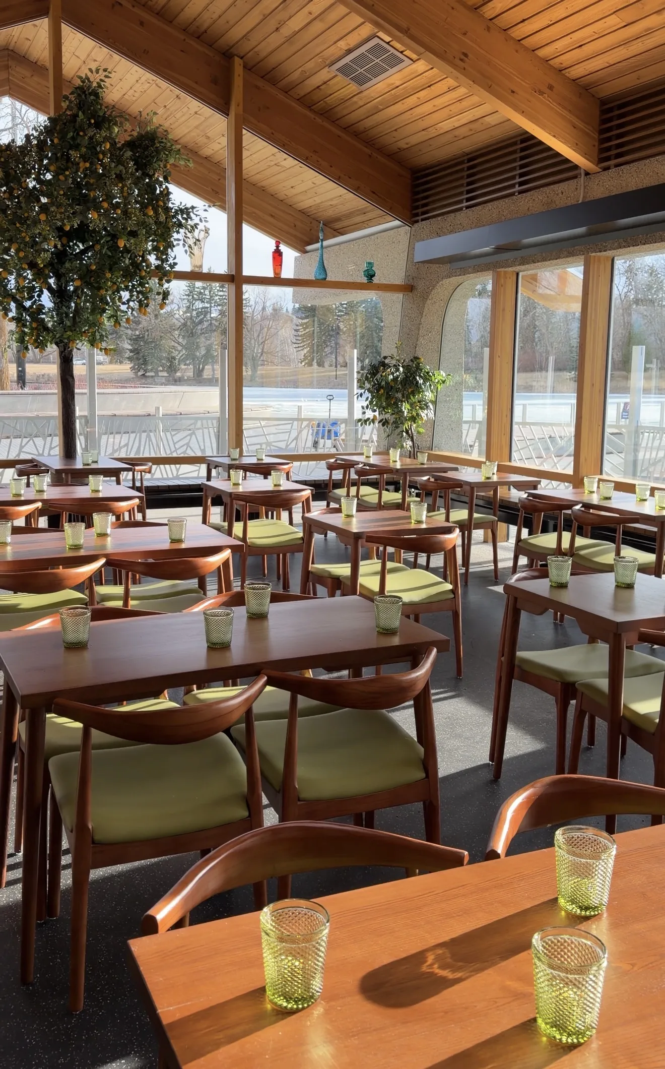 Sunlit dining room with the lemon tree, mid-century chairs, and the lake visible through the floor-to-ceiling windows